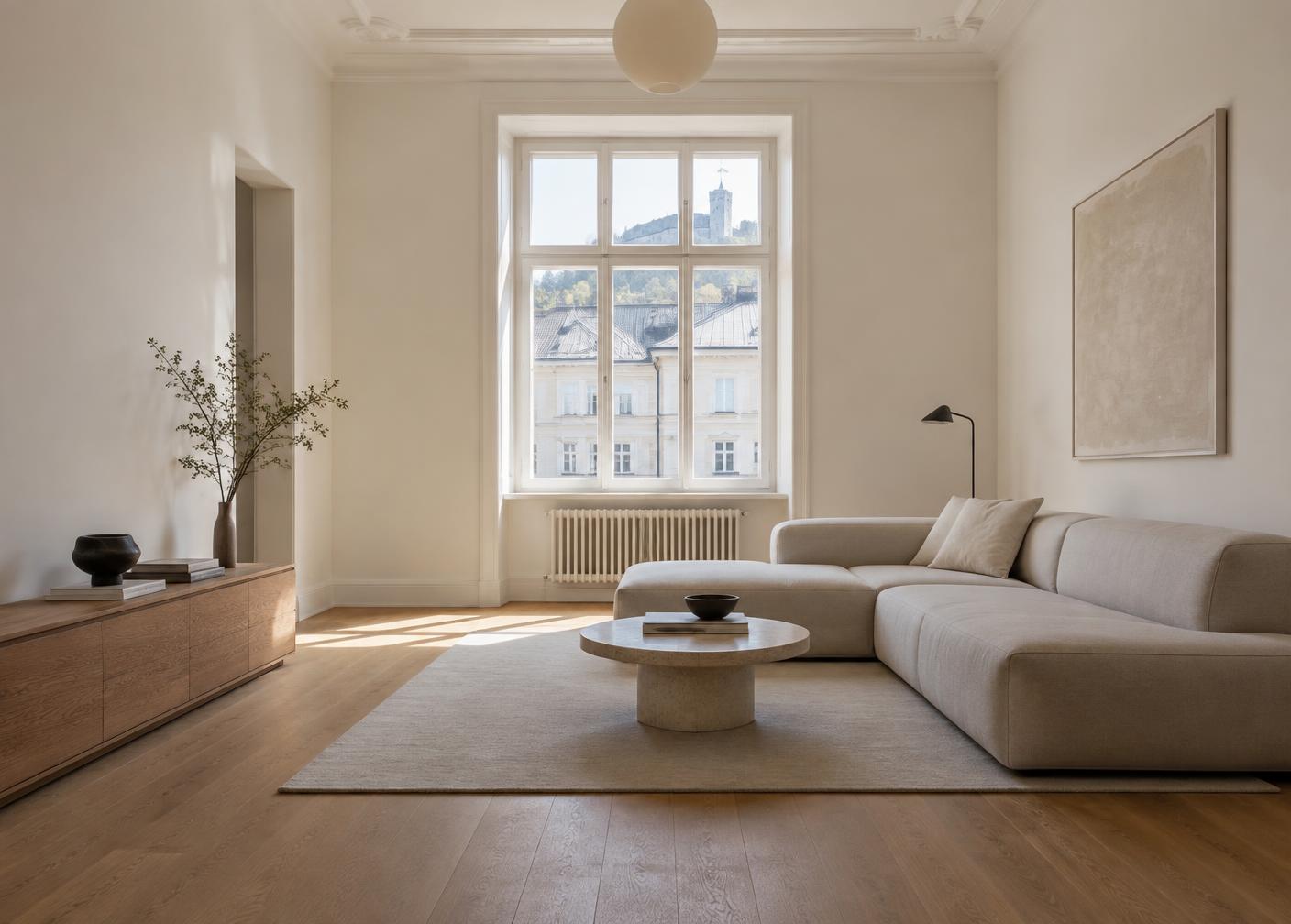 Helles minimalistisches Wohnzimmer mit glatten Putzwänden