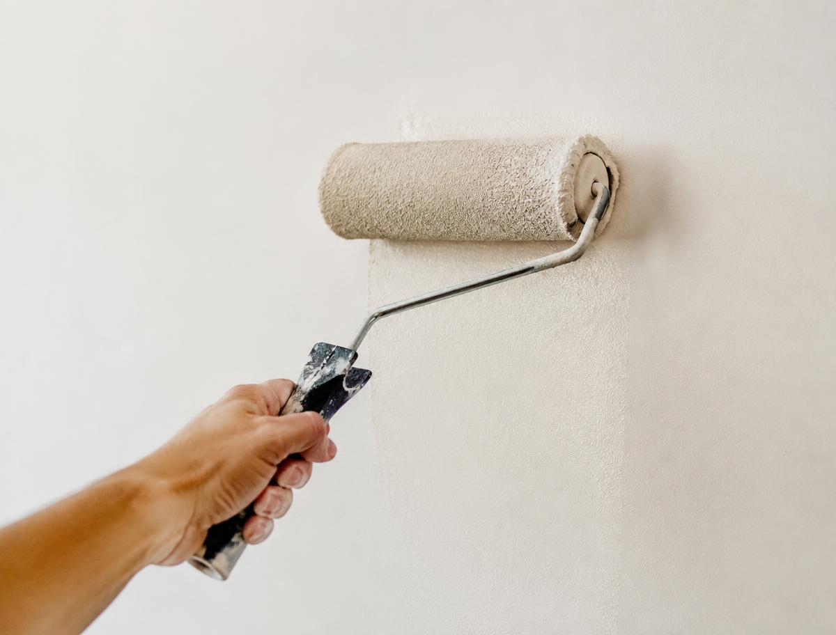 Farbrolle streicht eine glatte Innenwand in warmem Off-White