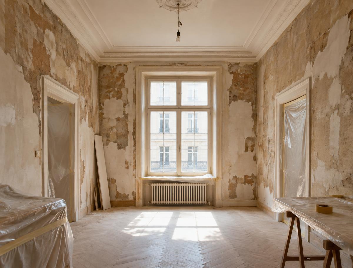 Altbauzimmer während der Renovierung mit abgetragenen Wandflächen