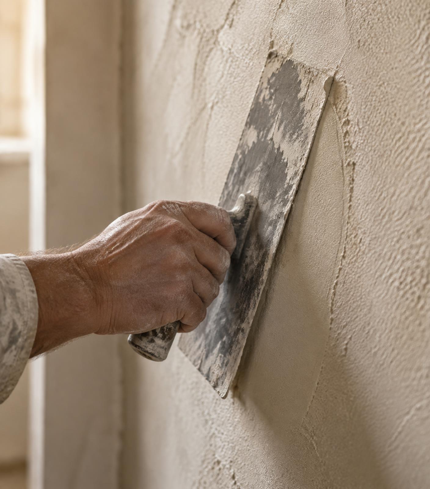 Stuckateur zieht mit der Glättkelle feinen Putz auf eine Innenwand
